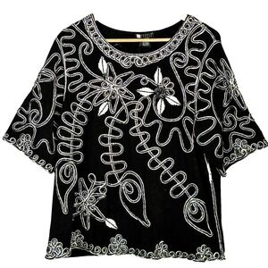 Carole Little Beaded Floral Embroidered Top Women 1X 1/2 Sleeve Artsy Bohemian